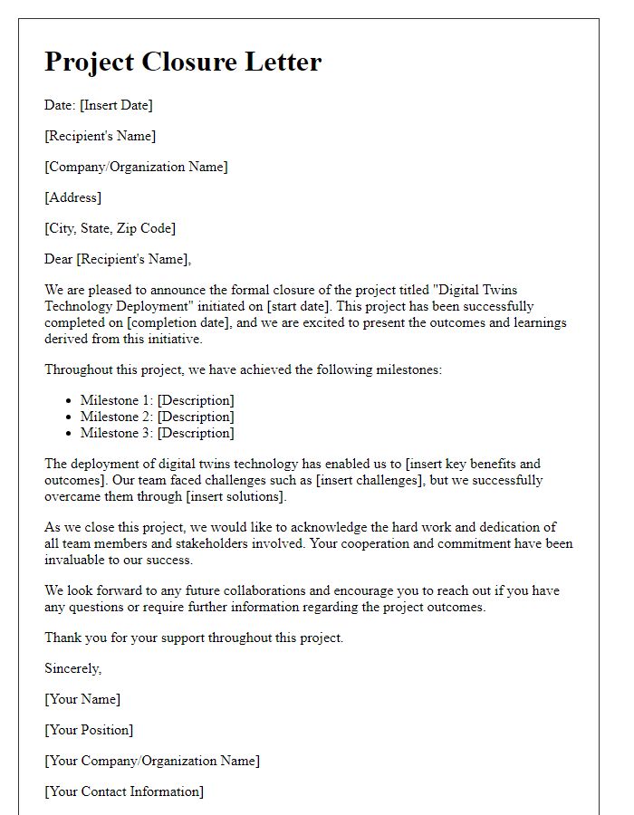 Letter template of project closure for digital twins technology deployment.