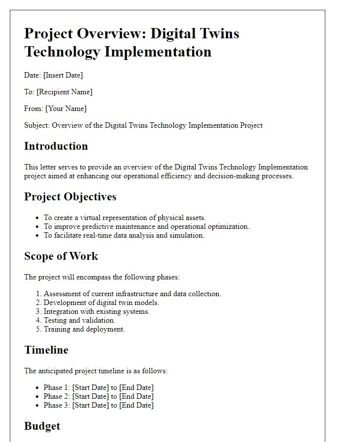 Letter template of project overview for digital twins technology implementation.