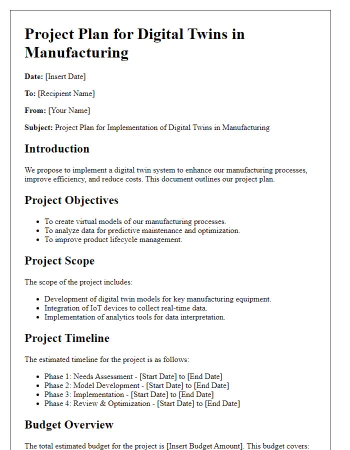 Letter template of project plan for digital twins in manufacturing.