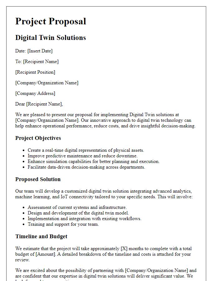 Letter template of project proposal for digital twin solutions.