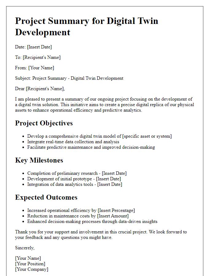 Letter template of project summary for digital twin development.