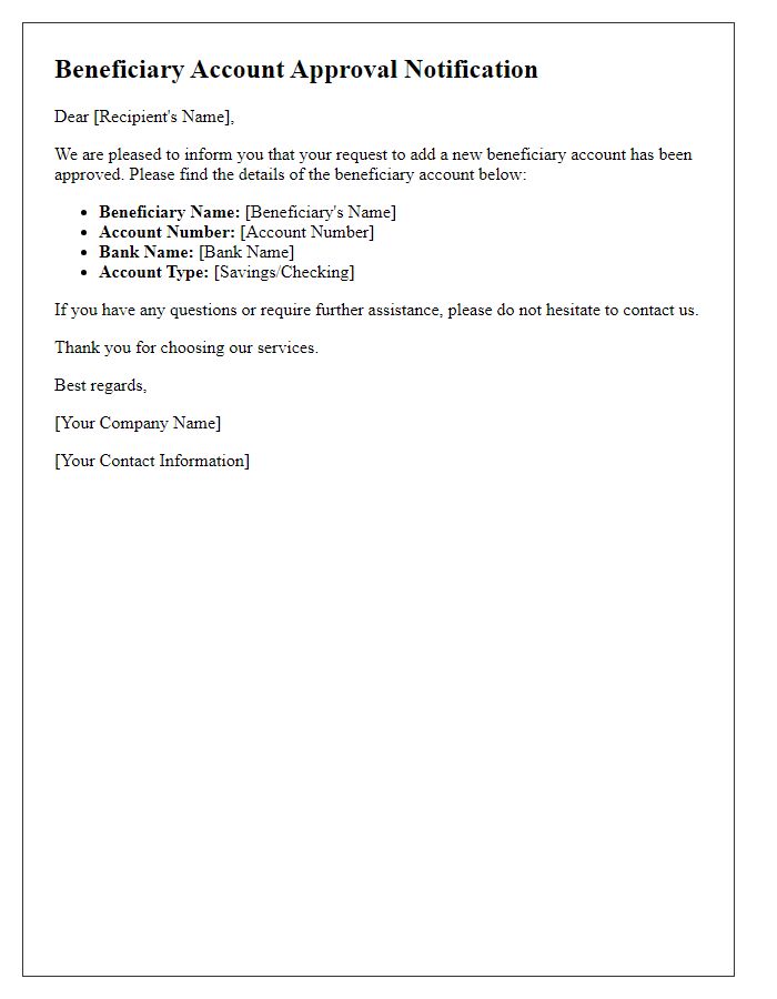 Letter template of beneficiary account approval notification