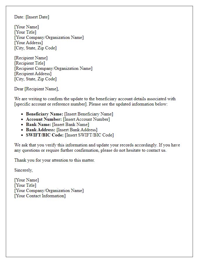 Letter template of beneficiary account confirmation update