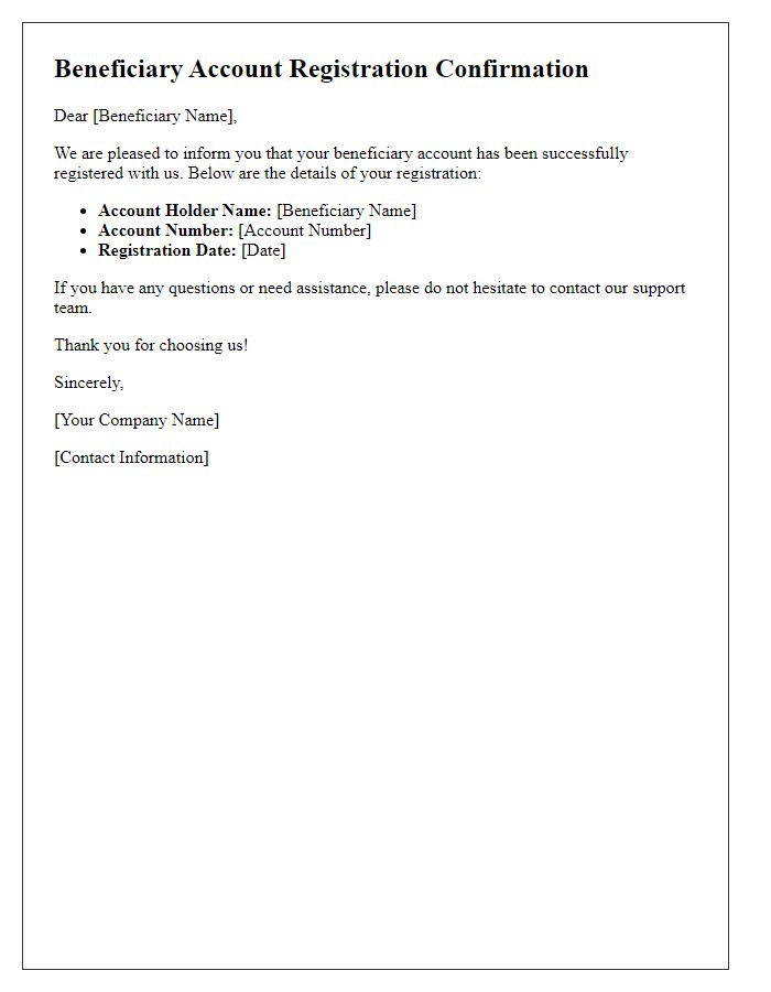 Letter template of beneficiary account registration confirmation