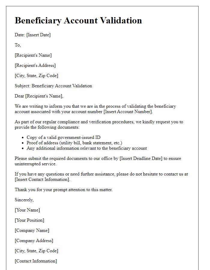 Letter template of beneficiary account validation