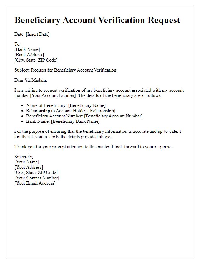 Letter template of beneficiary account verification request