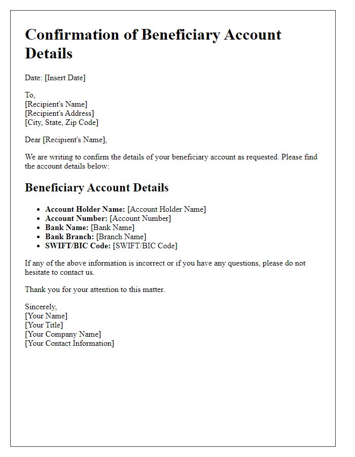 Letter template of confirmation of beneficiary account details