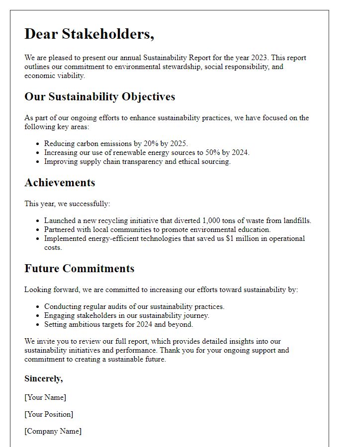 Letter template of Sustainability Reporting for Stakeholders