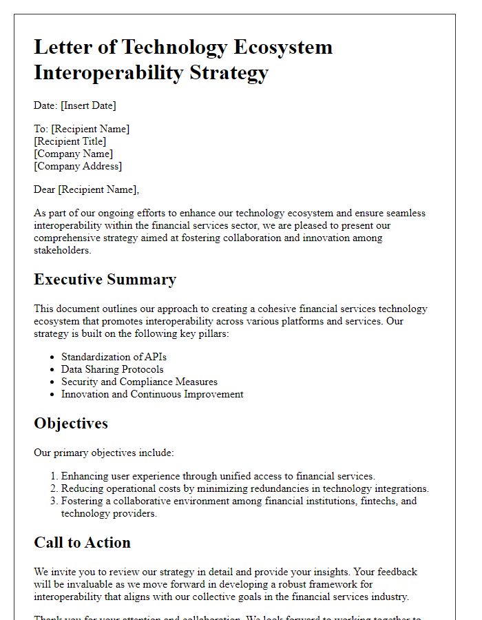 Letter template of technology ecosystem interoperability strategy for financial services.