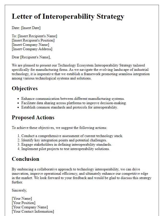 Letter template of technology ecosystem interoperability strategy for manufacturing firms.