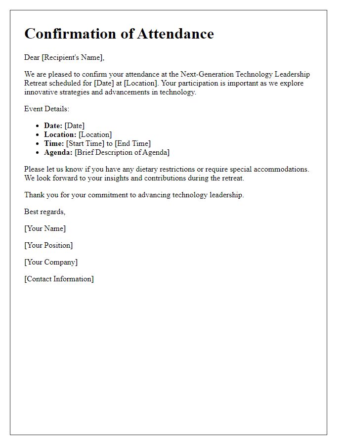 Letter template of confirmation for next-generation technology leadership retreat attendance