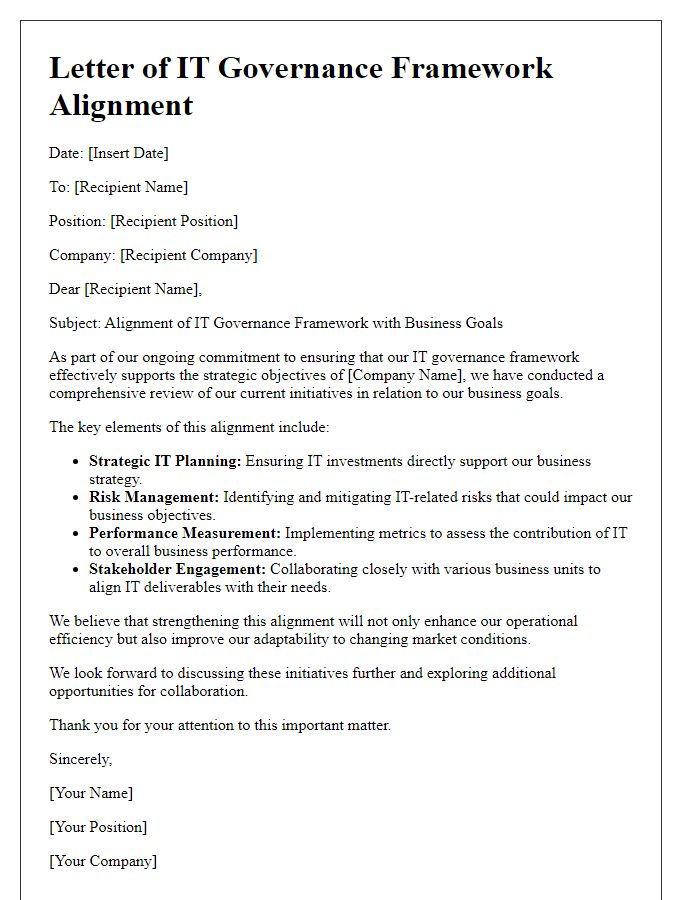 Letter template of IT governance framework alignment with business goals