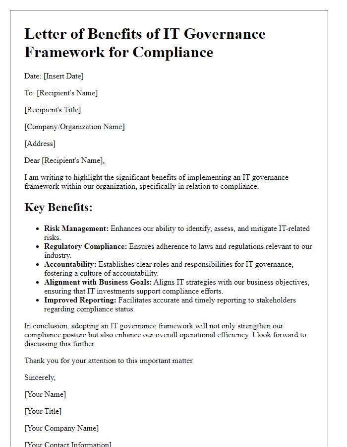 Letter template of IT governance framework benefits for compliance