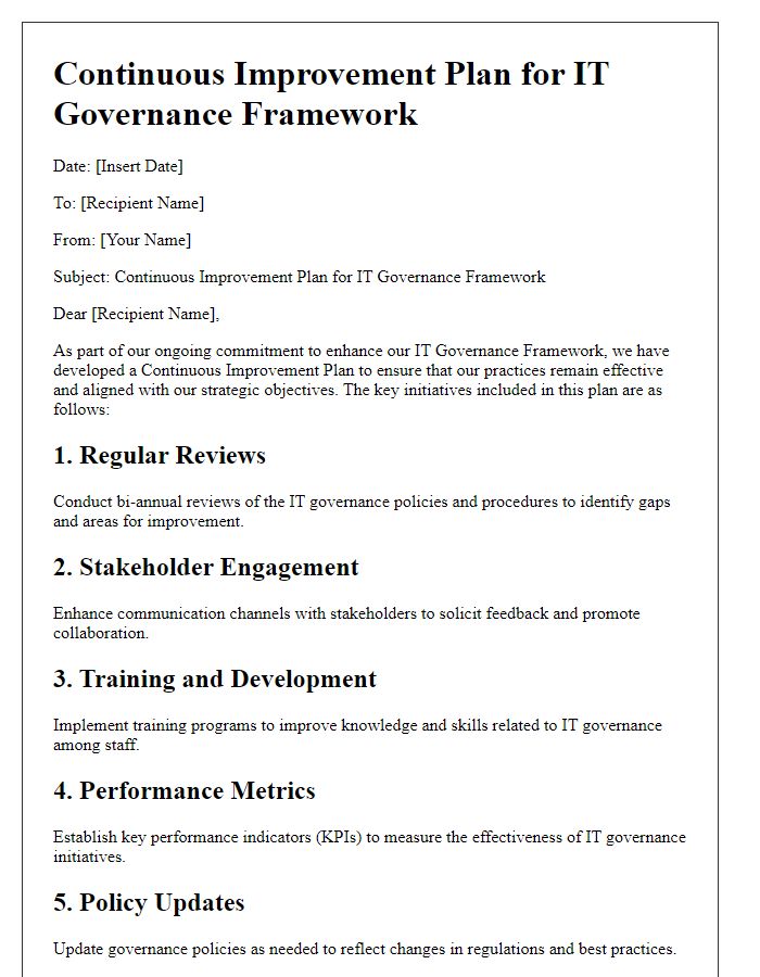 Letter template of IT governance framework continuous improvement plan