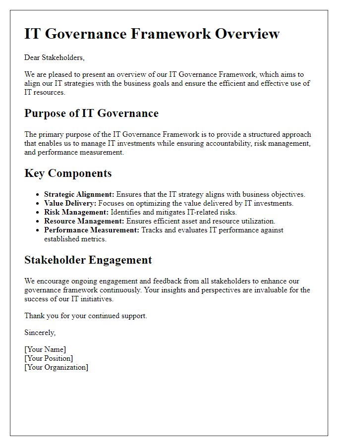 Letter template of IT governance framework overview for stakeholders