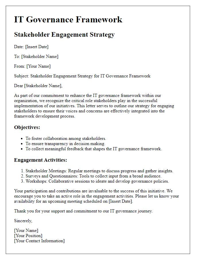 Letter template of IT governance framework stakeholder engagement strategy