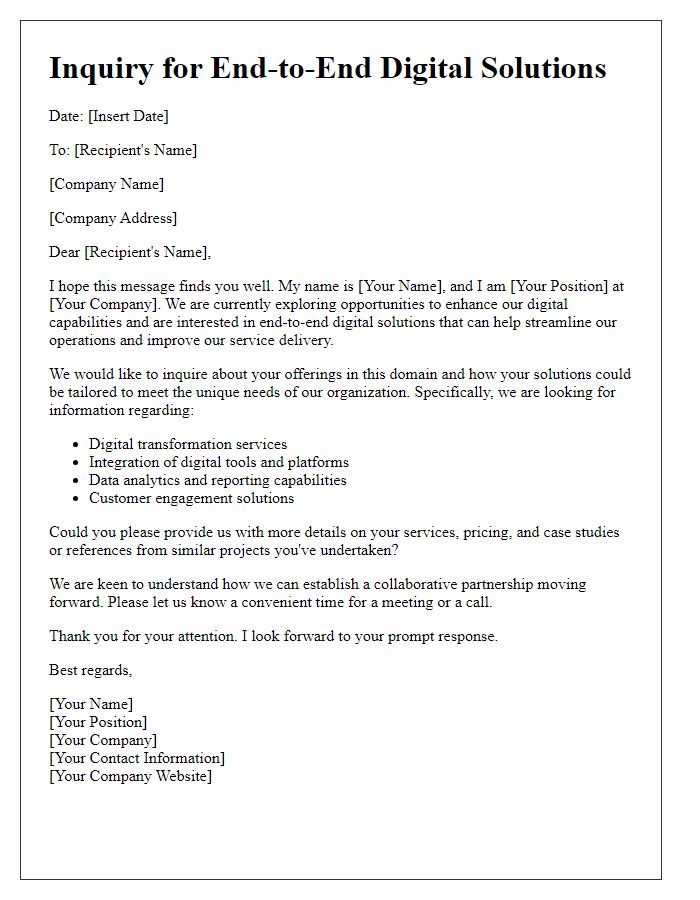 Letter template of inquiry for end-to-end digital solutions