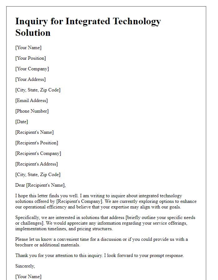 Letter template of inquiry for integrated tech solution