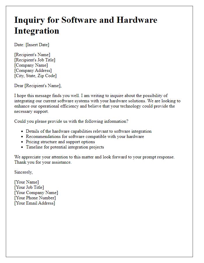 Letter template of inquiry for software and hardware integration