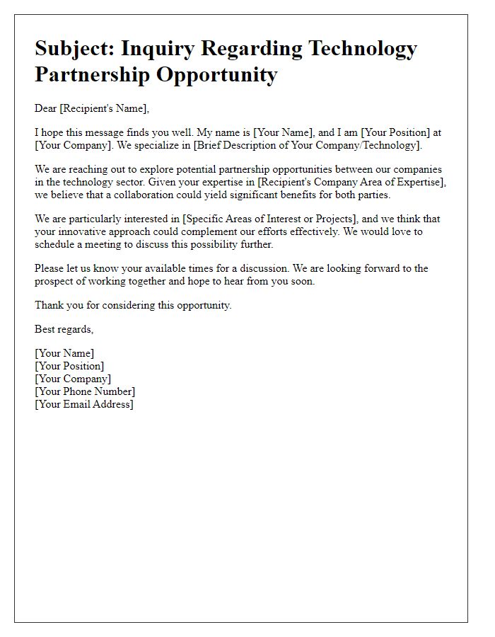 Letter template of technology partnership opportunity inquiry