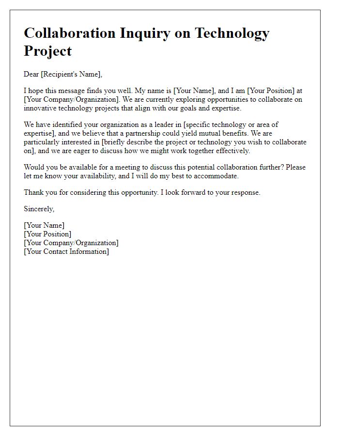 Letter template of technology project collaboration inquiry