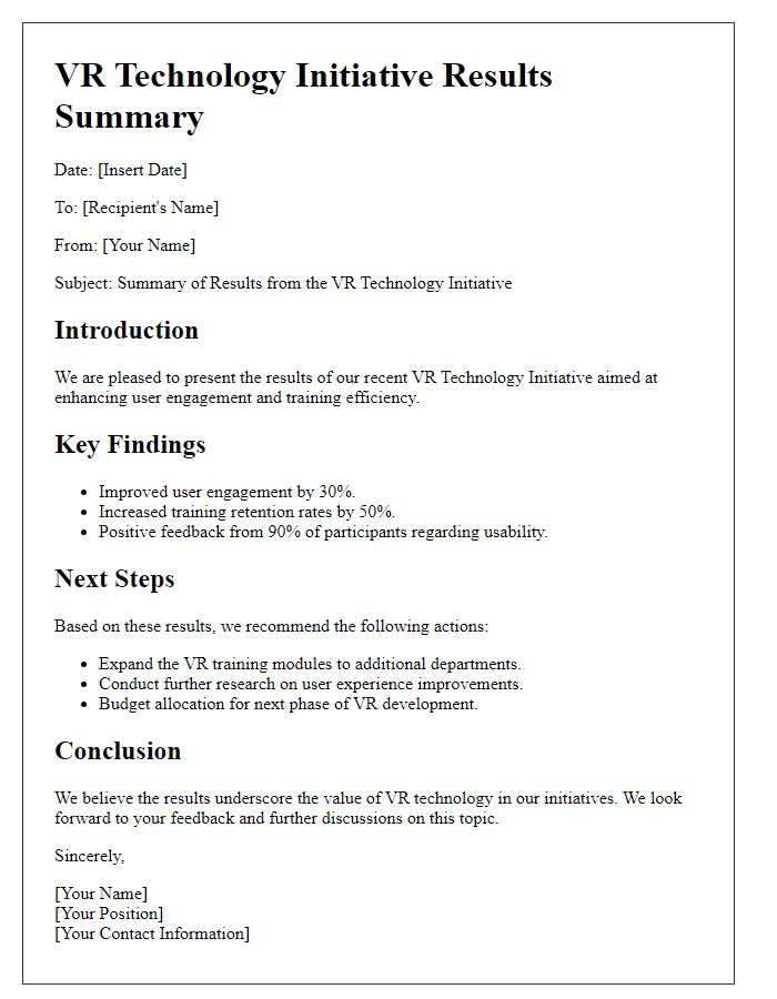 Letter template of VR technology initiative results summary