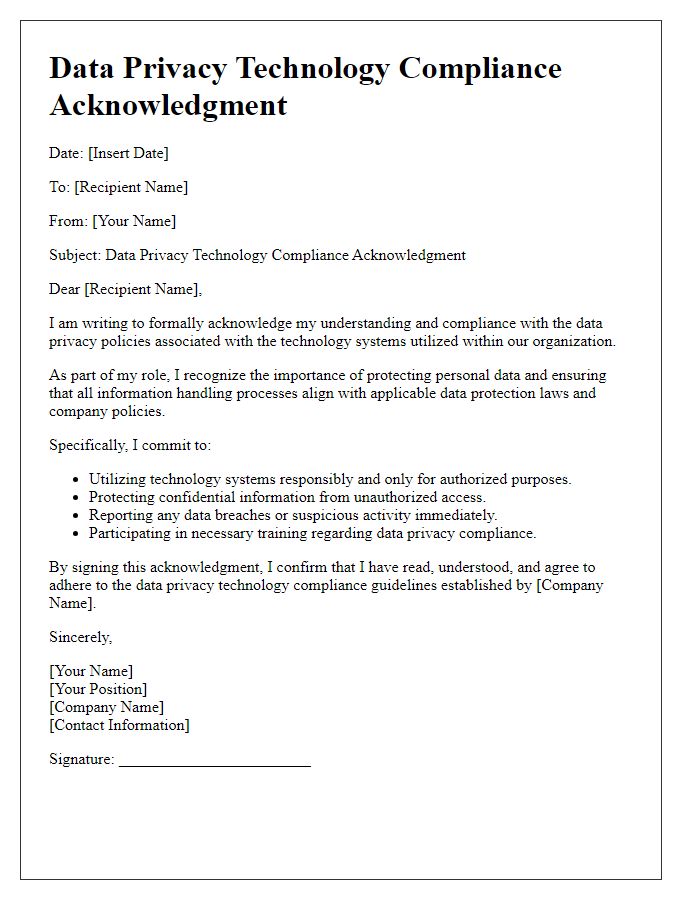 Letter template of Data Privacy Technology Compliance Acknowledgment