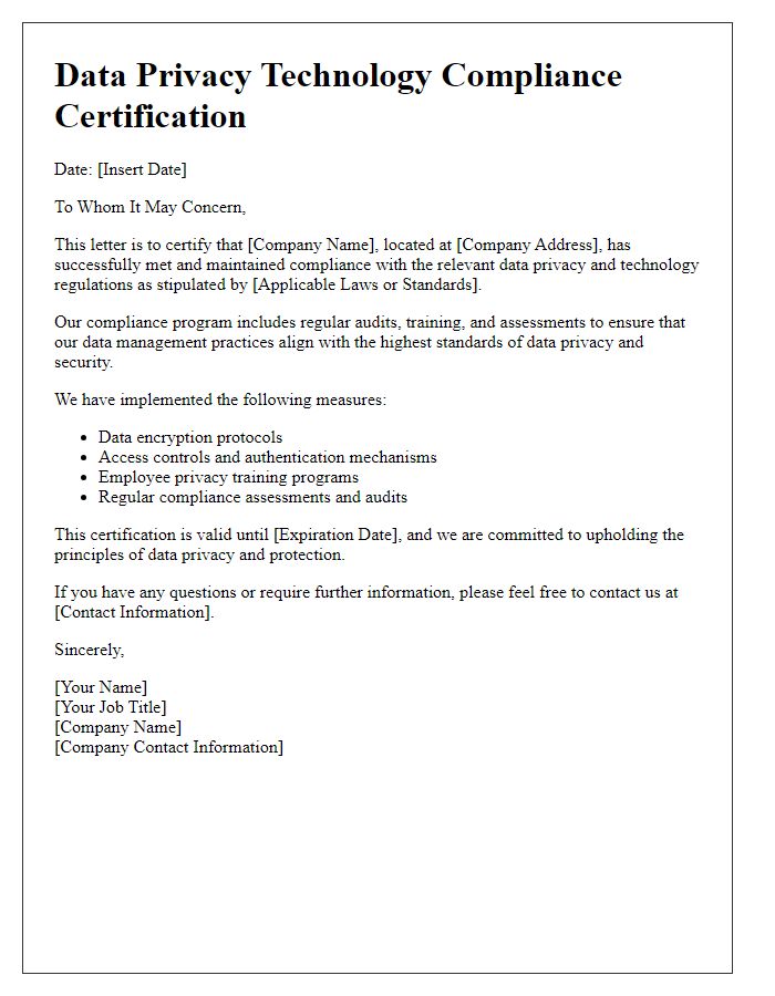 Letter template of Data Privacy Technology Compliance Certification