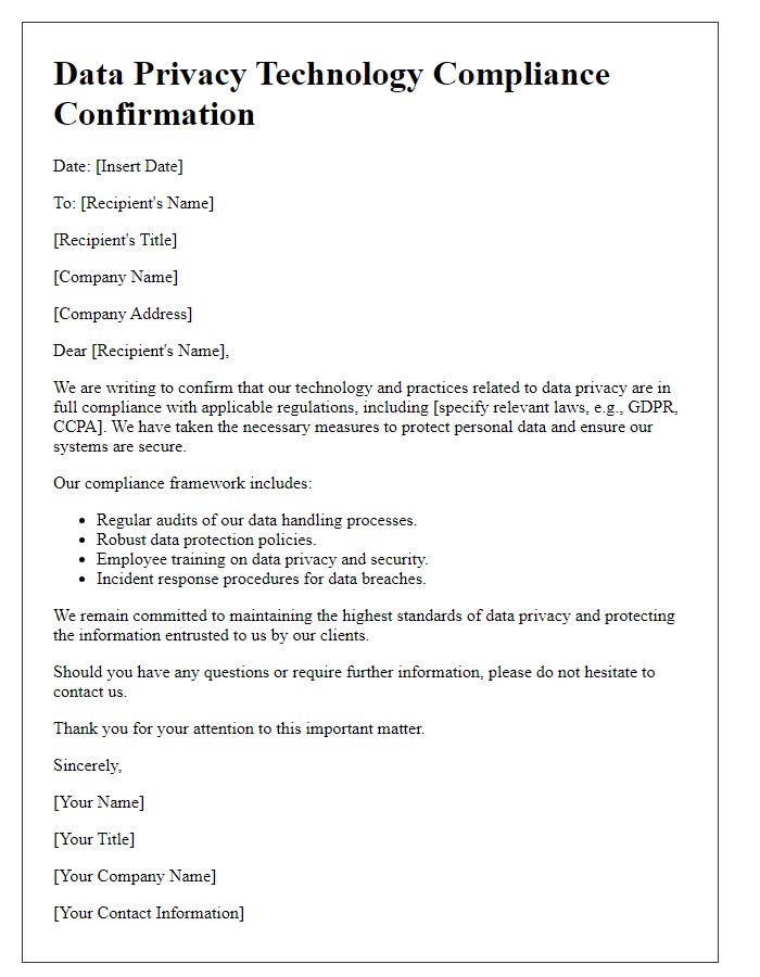 Letter template of Data Privacy Technology Compliance Confirmation