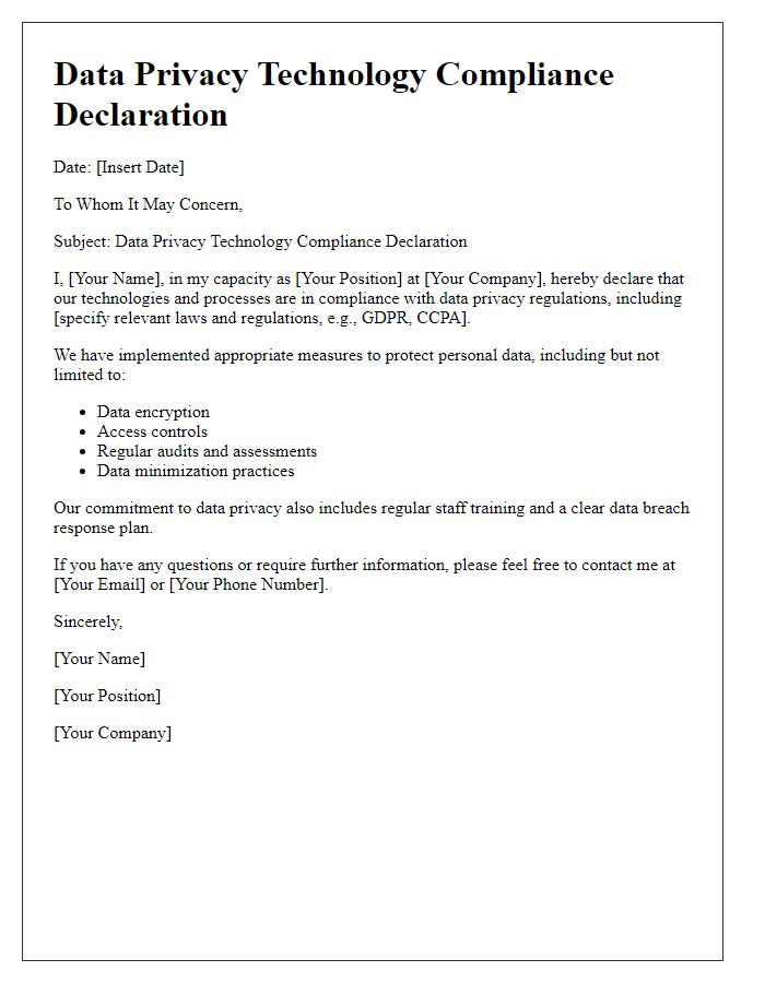 Letter template of Data Privacy Technology Compliance Declaration