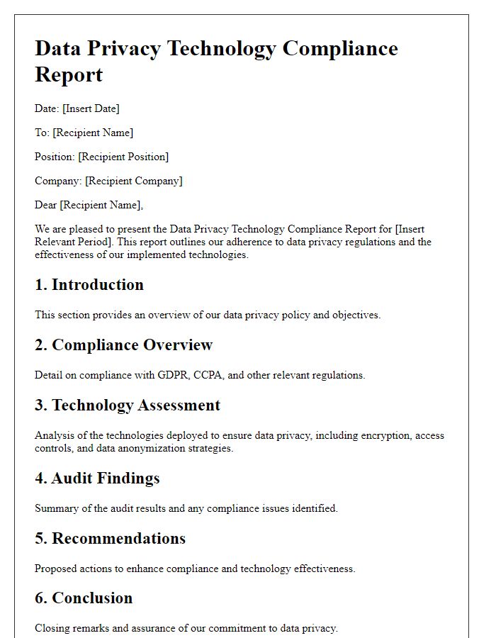 Letter template of Data Privacy Technology Compliance Report