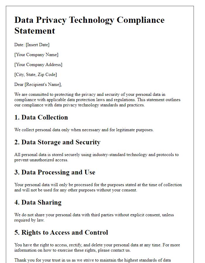 Letter template of Data Privacy Technology Compliance Statement