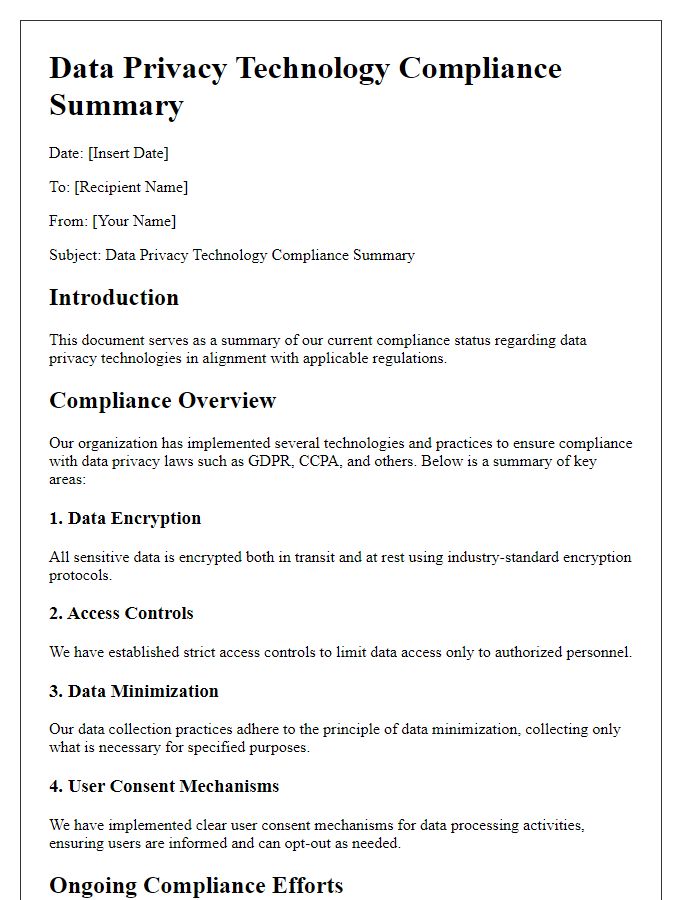 Letter template of Data Privacy Technology Compliance Summary