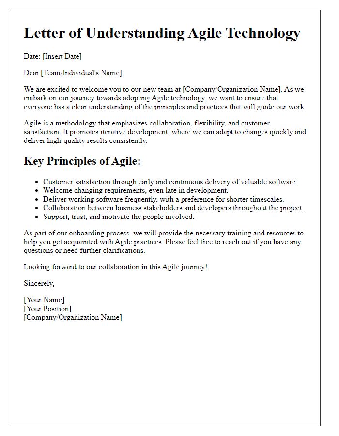 Letter template of Understanding Agile Technology for New Teams