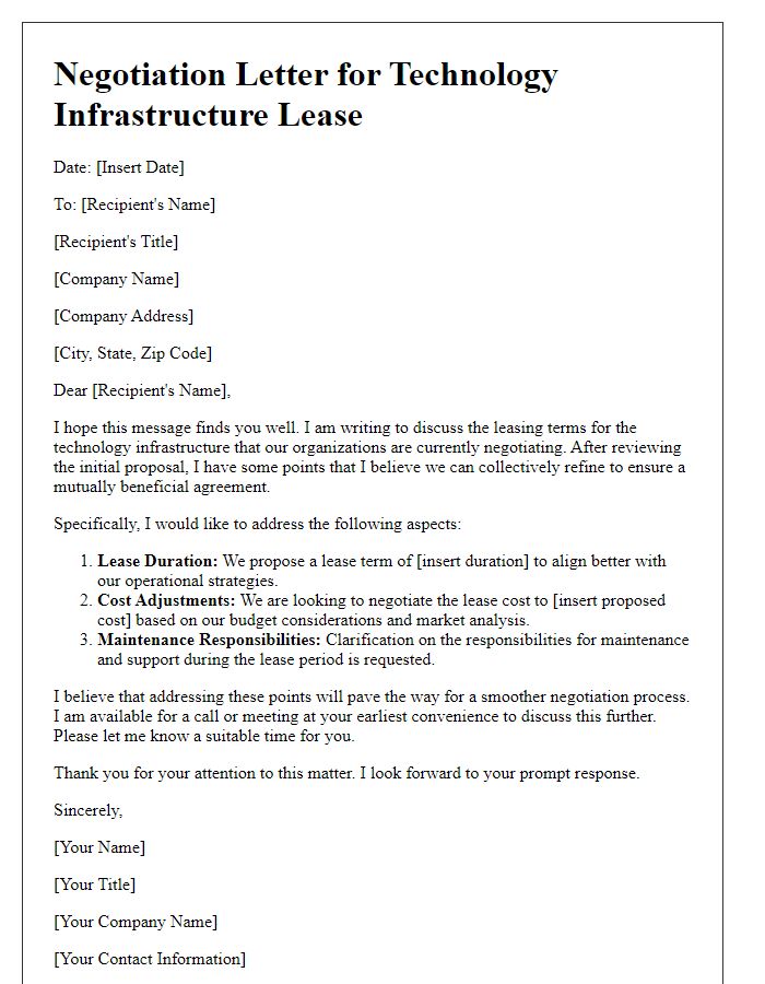 Letter template of technology infrastructure lease negotiation.