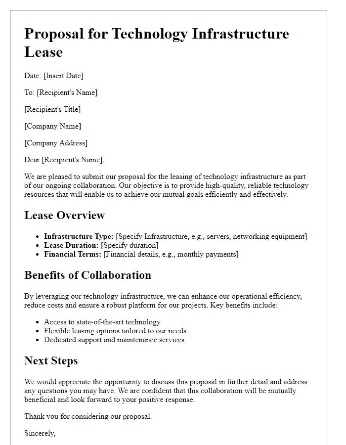 Letter template of technology infrastructure lease proposal for collaboration.