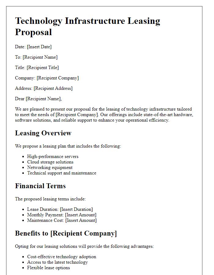 Letter template of technology infrastructure leasing proposal.