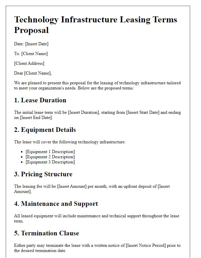 Letter template of technology infrastructure leasing terms proposal.