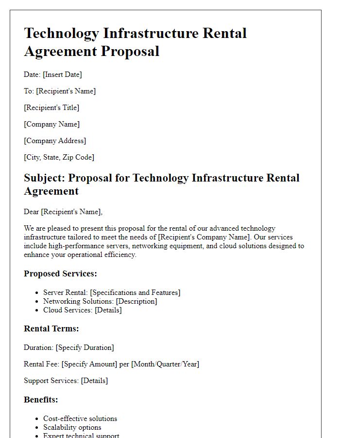 Letter template of technology infrastructure rental agreement proposal.