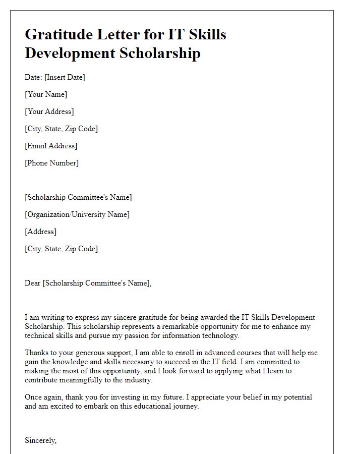 Letter template of IT skills development scholarship gratitude