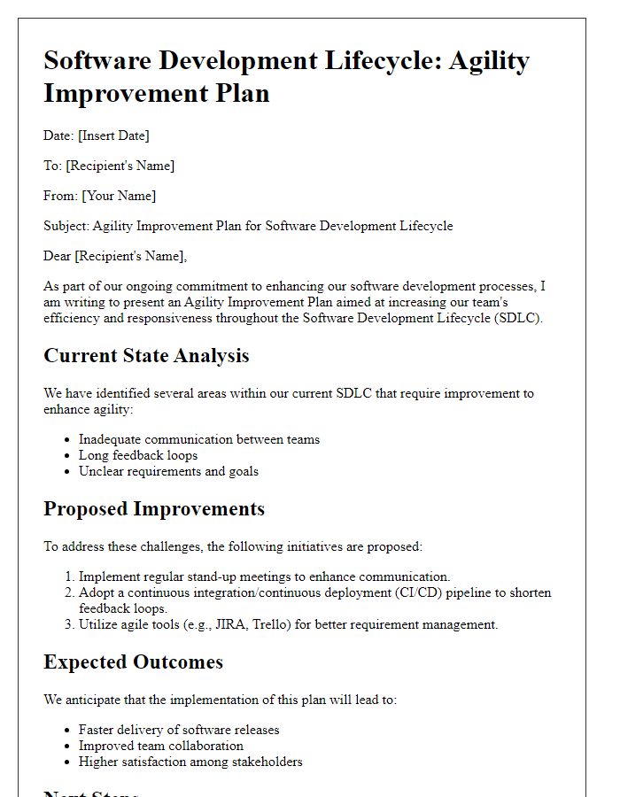 Letter template of software development lifecycle agility improvement plan