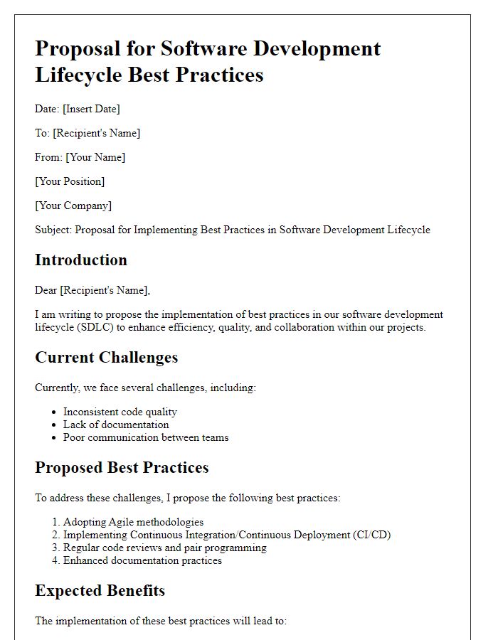 Letter template of software development lifecycle best practices proposal