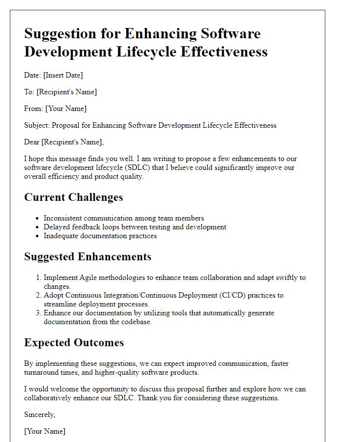 Letter template of software development lifecycle effectiveness enhancement suggestion