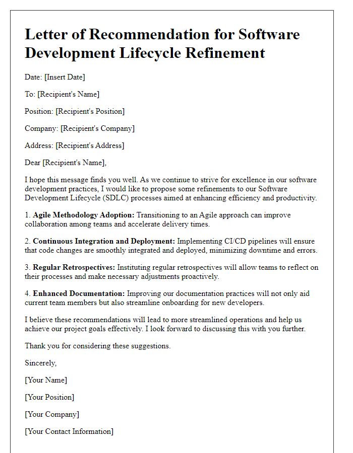 Letter template of software development lifecycle refinement recommendation