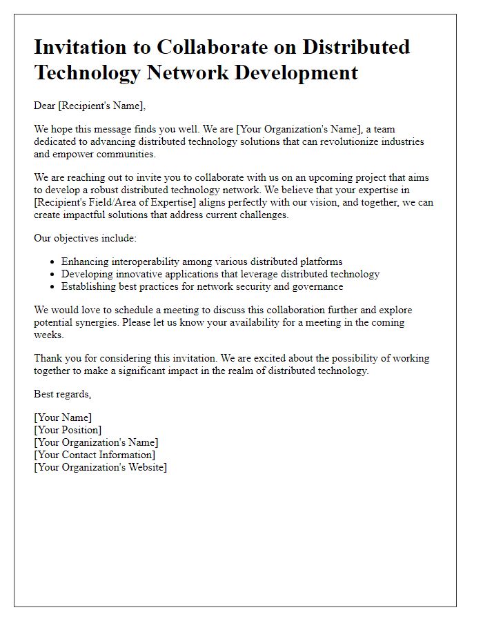 Letter template of a collaboration invitation for distributed technology network development.