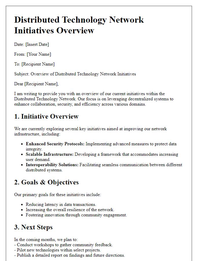 Letter template of an overview for distributed technology network initiatives.