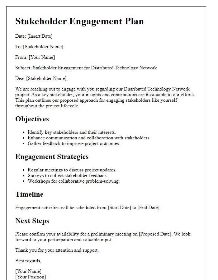 Letter template of a stakeholder engagement plan for distributed technology network.