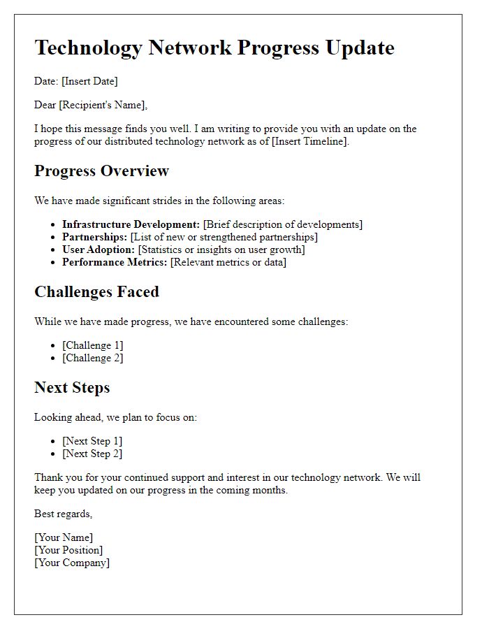 Letter template of an update on distributed technology network progress.