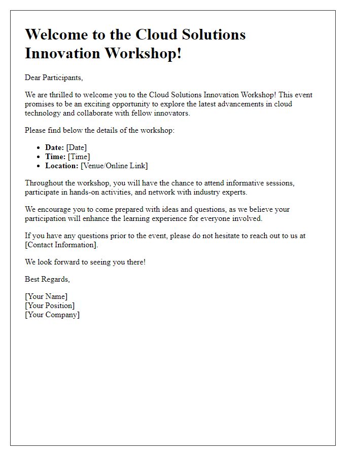 Letter template of welcome to a cloud solutions innovation workshop