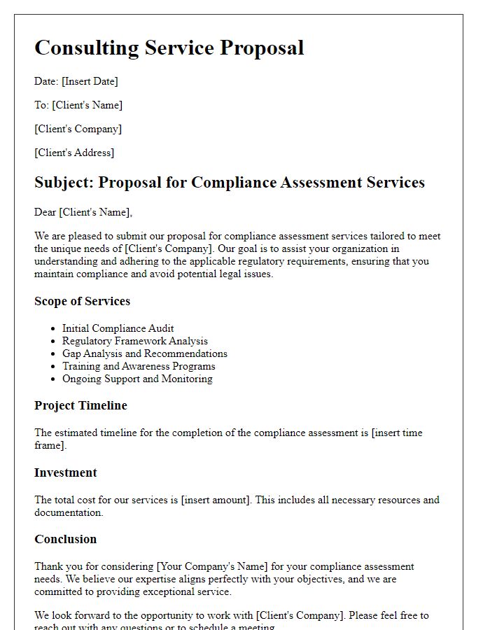 Letter template of a consulting service proposal for compliance assessment.